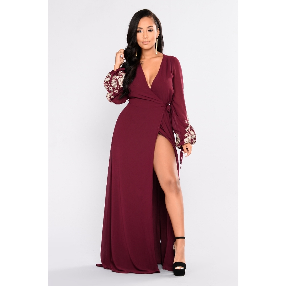 NWOT Burgundy Maxi Wrap Dress With Embroidered Sleeves